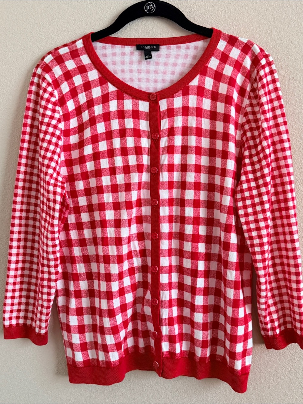 Talbots Red & White Gingham Check Cardigan